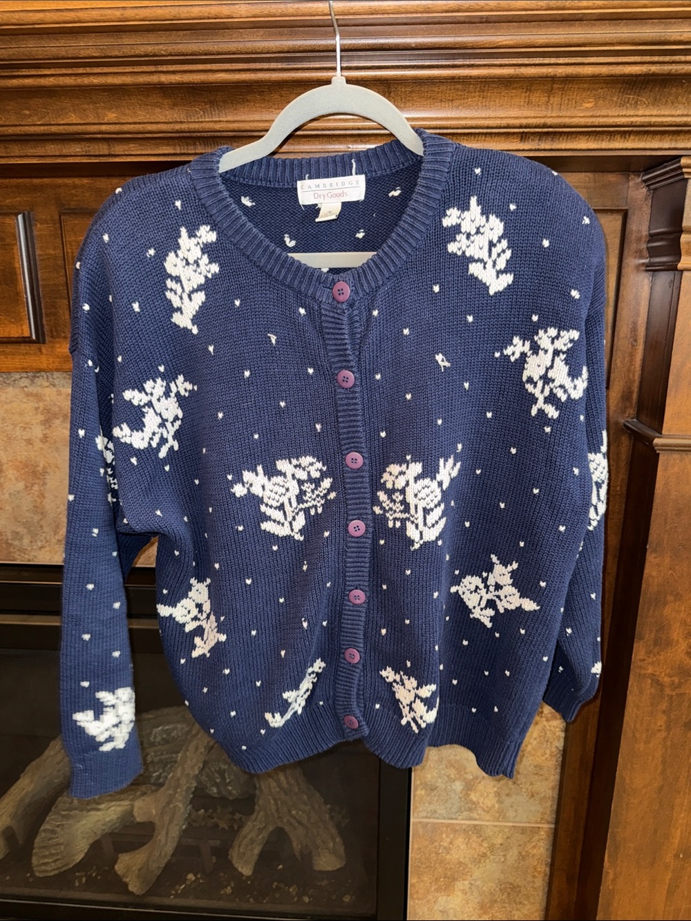 Vintage Cambridge Dry Goods Cardigan Large Navy White Tree Snow 100% Cotton 90s